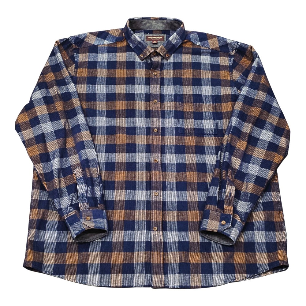 Johnston & Murphy Men's 2XL Plaid Textured Cotton Button Down Shirt Blue Brown